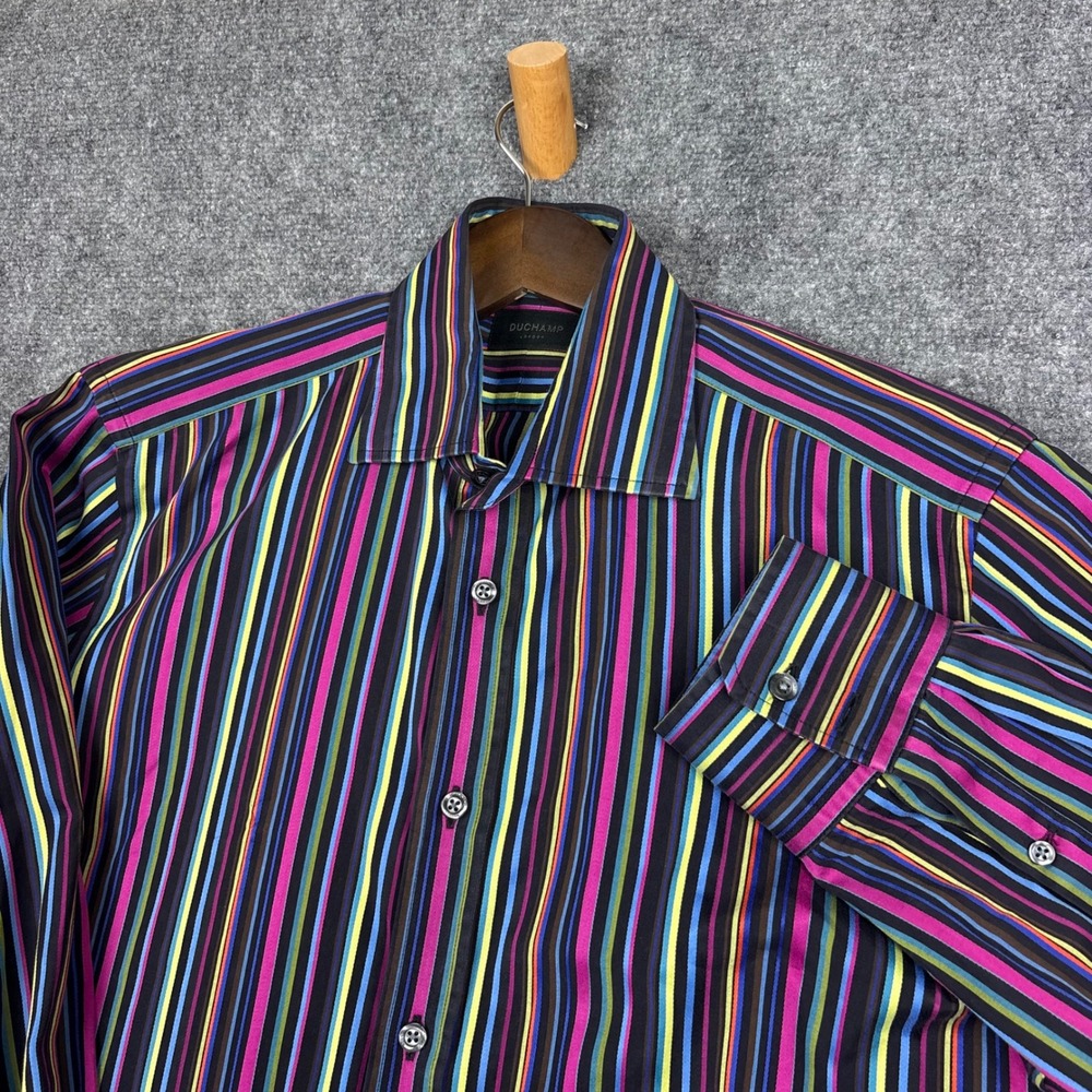 Duchamp London Button Down Mens 16.5 42cm Multi Color Stripe Long Sleeve Italy